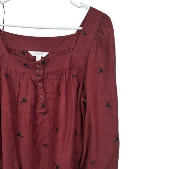 Lauren Conrad Women SZ M Square Neck Embroidered Long Sleeve Blouse Maroon - Picture 12 of 14